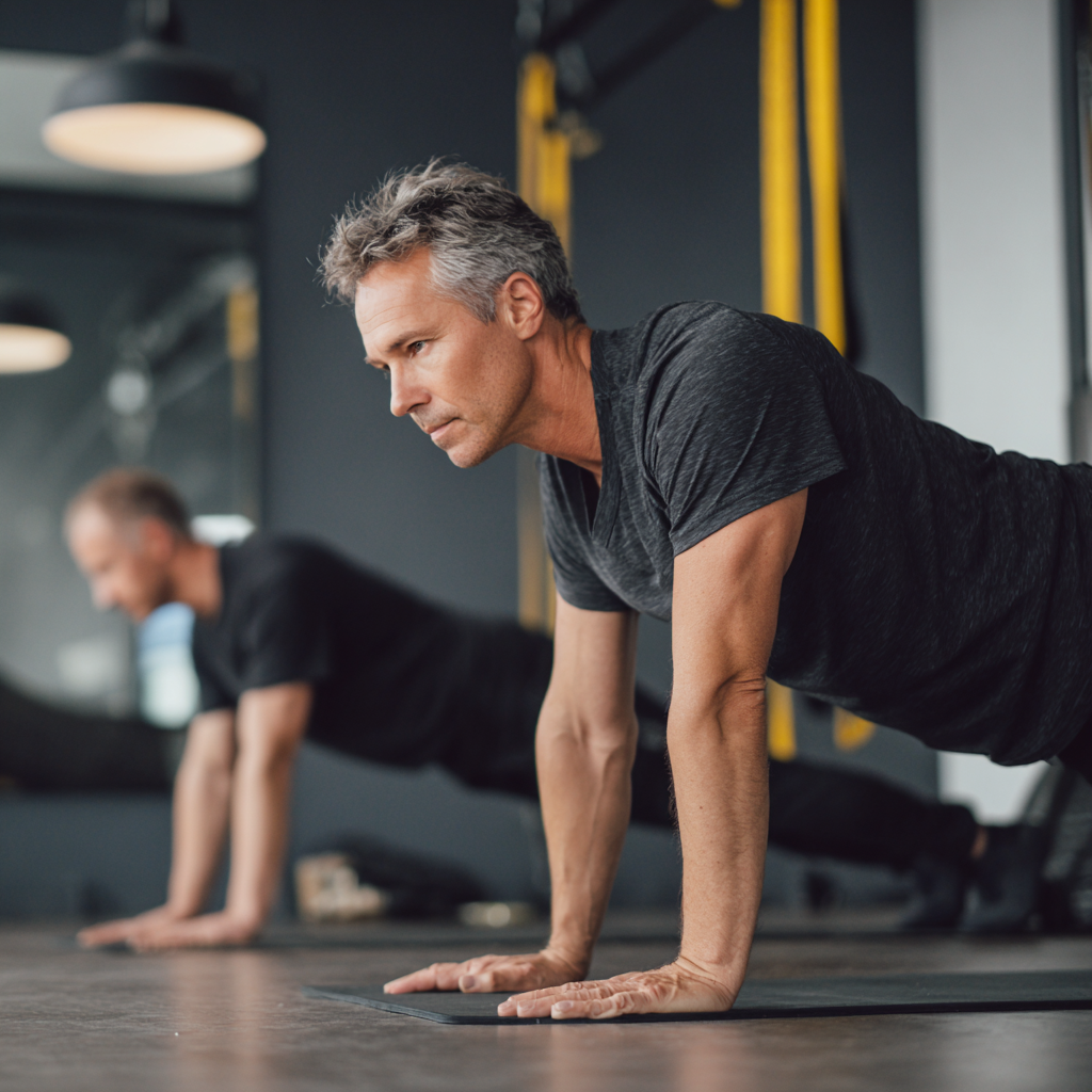 Middle-aged adults practicing functional movement training in StrenovaR studio